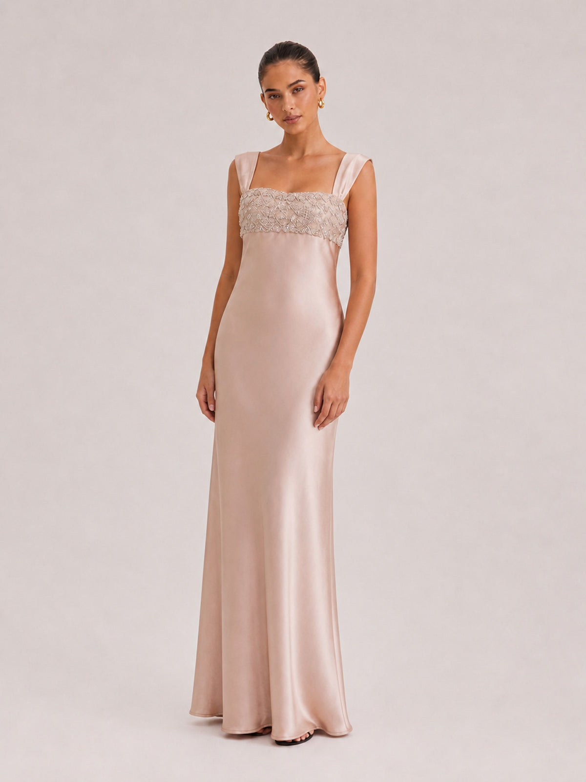 Champagne Pink Satin Asymmetrical Shoulder Maxi Dress With Crystal Embellished Bust