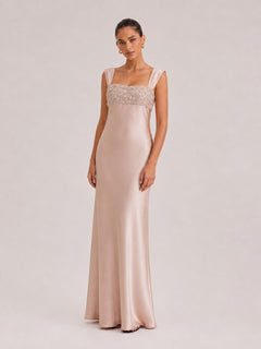 Champagne Pink Satin Asymmetrical Shoulder Maxi Dress With Crystal Embellished Bust