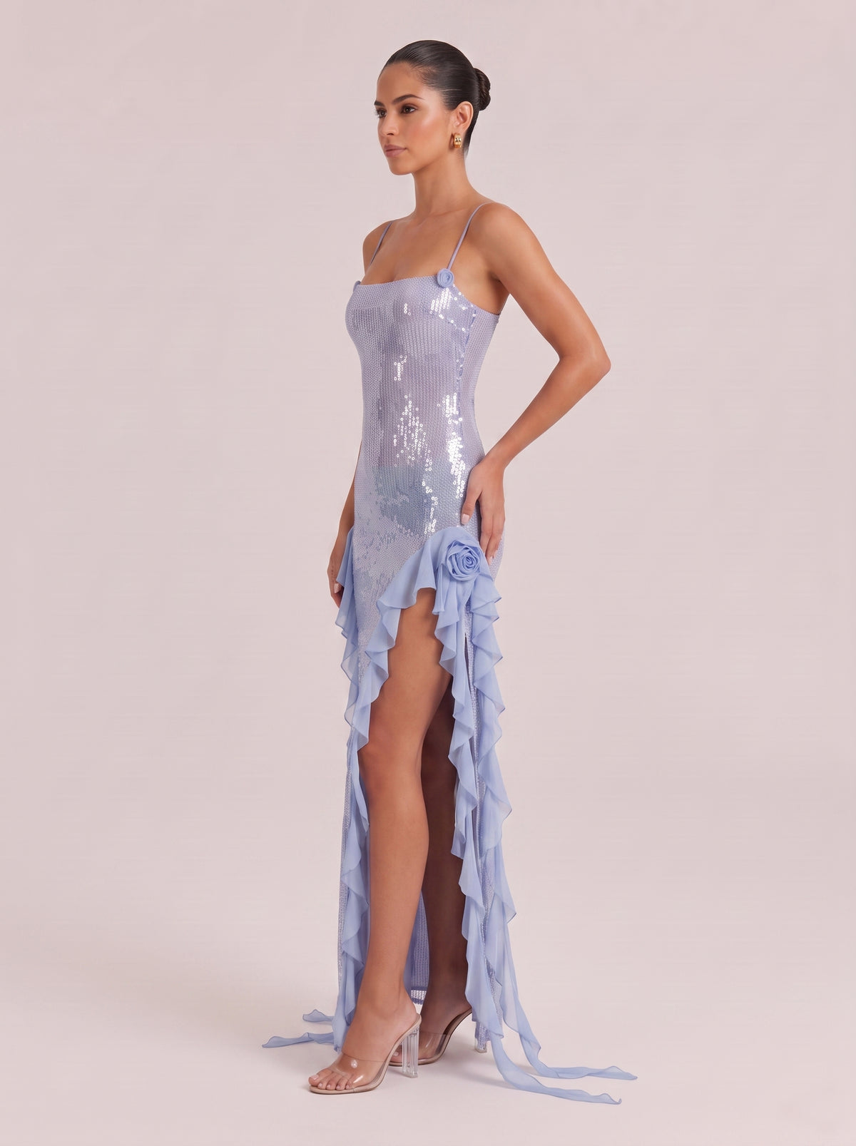Fine Sling Sequins Double-Side Split Ruffled Slim-Fit Long Dress