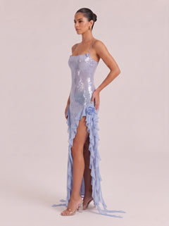 Fine Sling Sequins Double-Side Split Ruffled Slim-Fit Long Dress