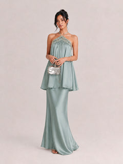 Elegant Satin Halter Neck Maxi Dress With Embellished Bodice
