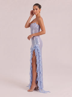 Fine Sling Sequins Double-Side Split Ruffled Slim-Fit Long Dress