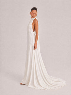Minimalist Silk-Feel Halter Neck Backless Maxi Dress With Draped Train