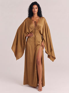 Deep V-Strap Dolman Sleeve Tight Waist Split Satin Long Dress