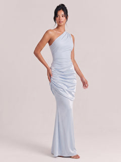 Oblique One-Shoulder Pleated Satin Fishtail Long Dress