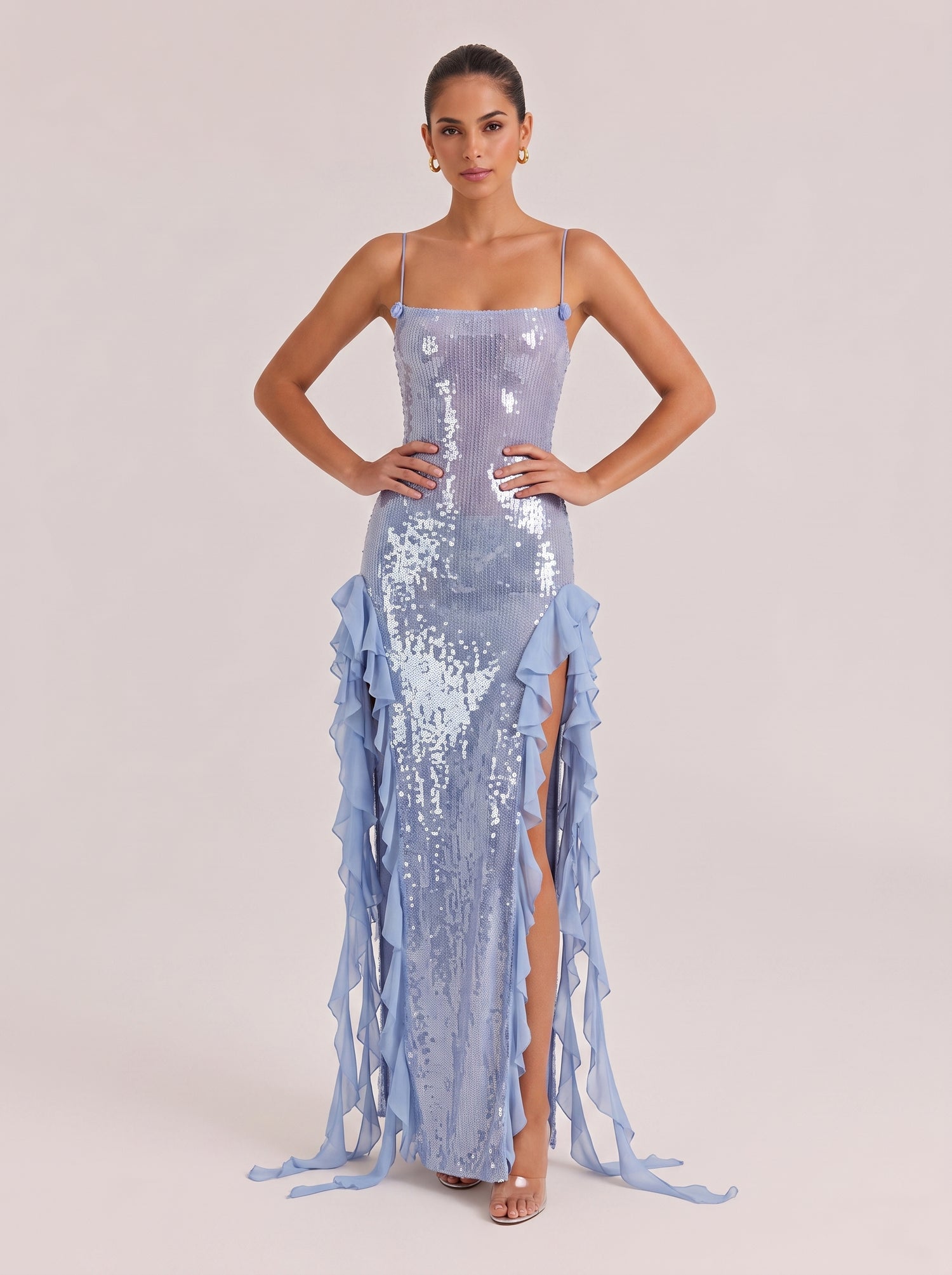 Fine Sling Sequins Double-Side Split Ruffled Slim-Fit Long Dress