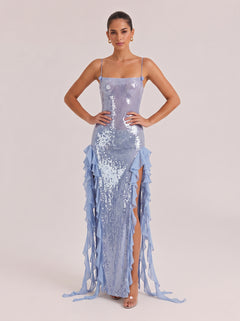Fine Sling Sequins Double-Side Split Ruffled Slim-Fit Long Dress