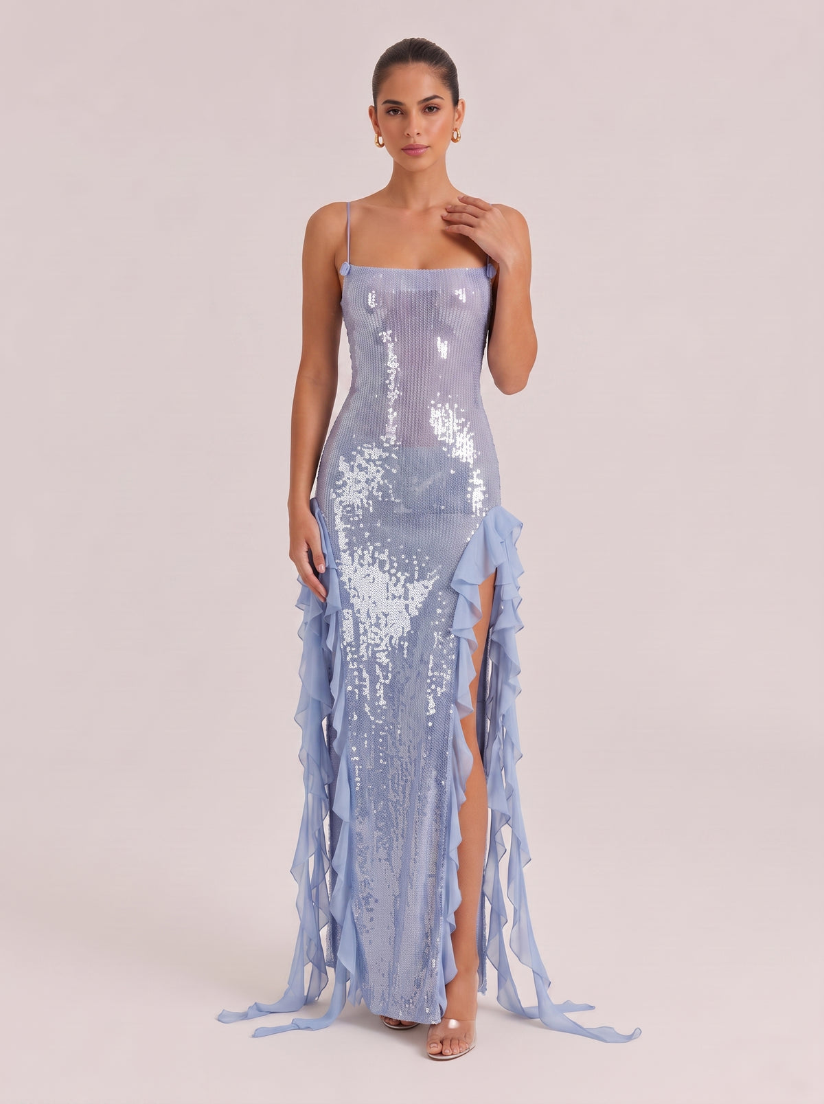 Fine Sling Sequins Double-Side Split Ruffled Slim-Fit Long Dress