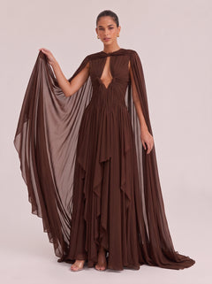 Dark Brown Hollow-out Twisted Pleated Cape Draped Chiffon Long Dress