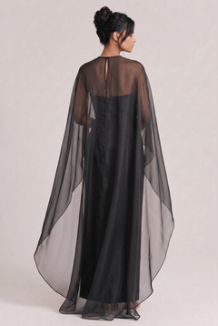 Elegant Sheer Cape Overlay Satin Maxi Dress