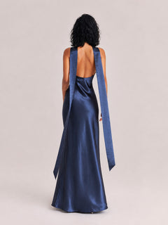 Lustrous Satin Halter Twist Neck Maxi Dress With Side Slit