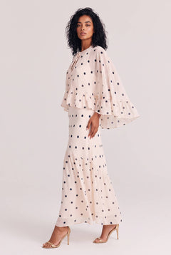 Elegant Polka Dot Ruffle Layered Chiffon Cape Maxi Dress