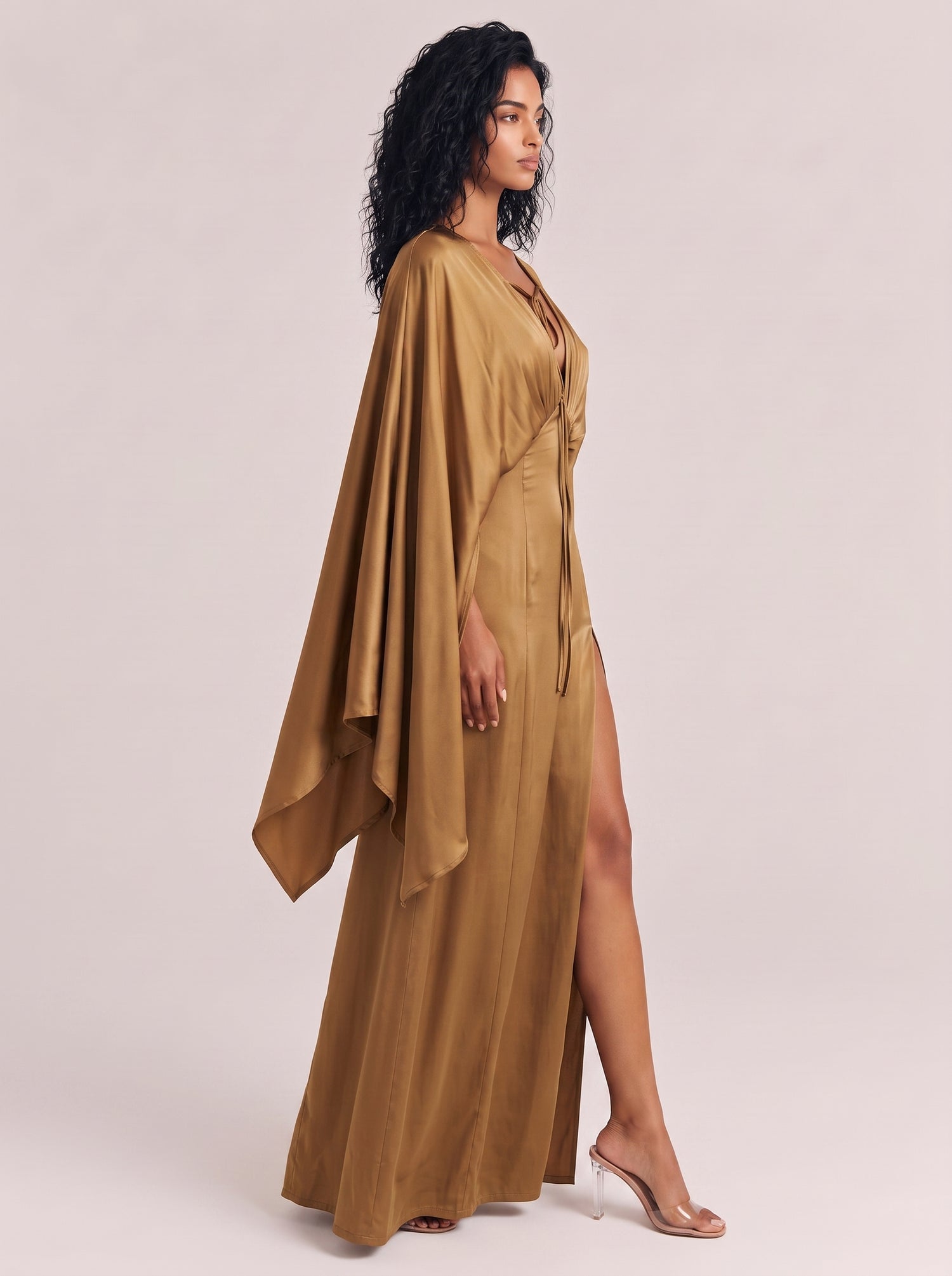 Deep V-Strap Dolman Sleeve Tight Waist Split Satin Long Dress