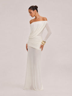 French Vintage Pleated Mesh One-Shoulder Dress