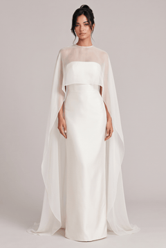 Elegant Sheer Cape Overlay Satin Maxi Dress