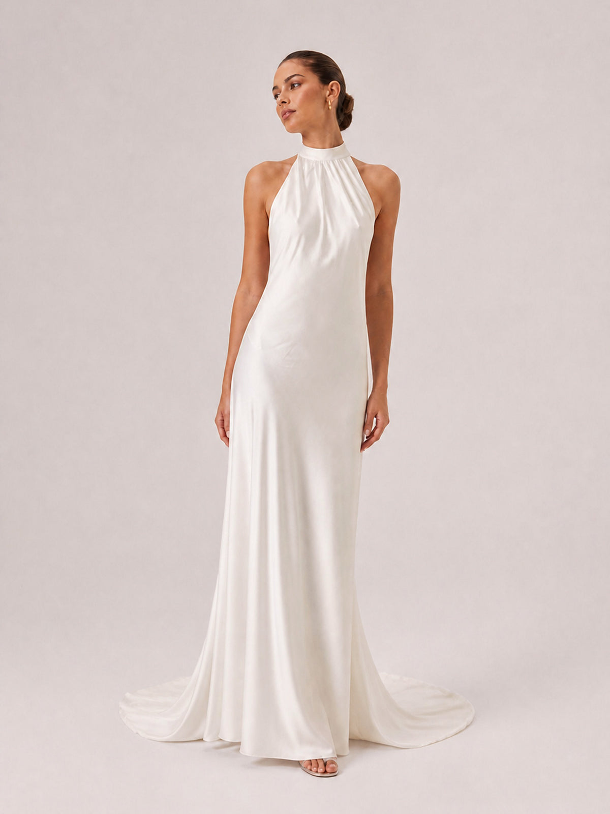 Minimalist Silk-Feel Halter Neck Backless Maxi Dress With Draped Train