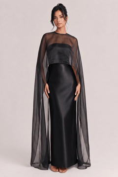 Elegant Sheer Cape Overlay Satin Maxi Dress