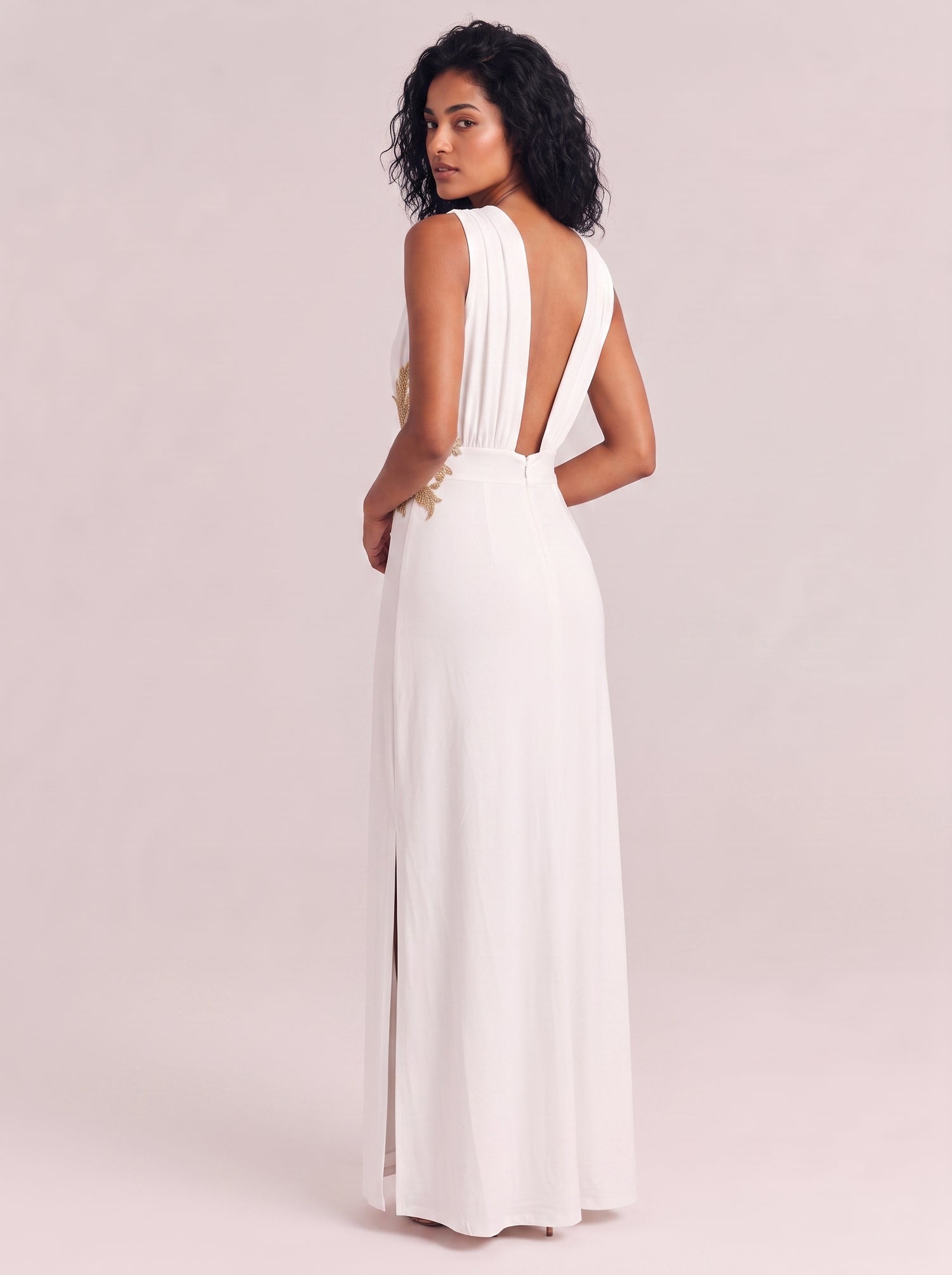 White Deep V Sleeveless Gold Embroidered Waist Hollow High Split Elegant Long Gown