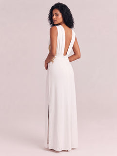 White Deep V Sleeveless Gold Embroidered Waist Hollow High Split Elegant Long Gown
