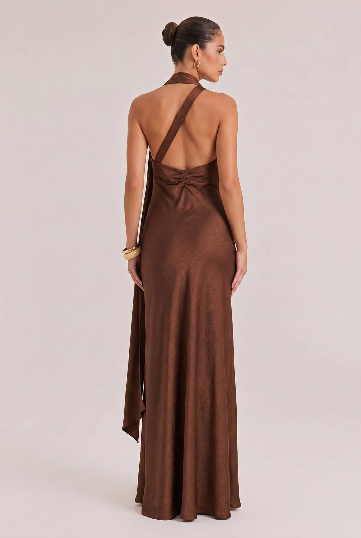 Elegant Bronze One-Shoulder Satin Maxi Dress