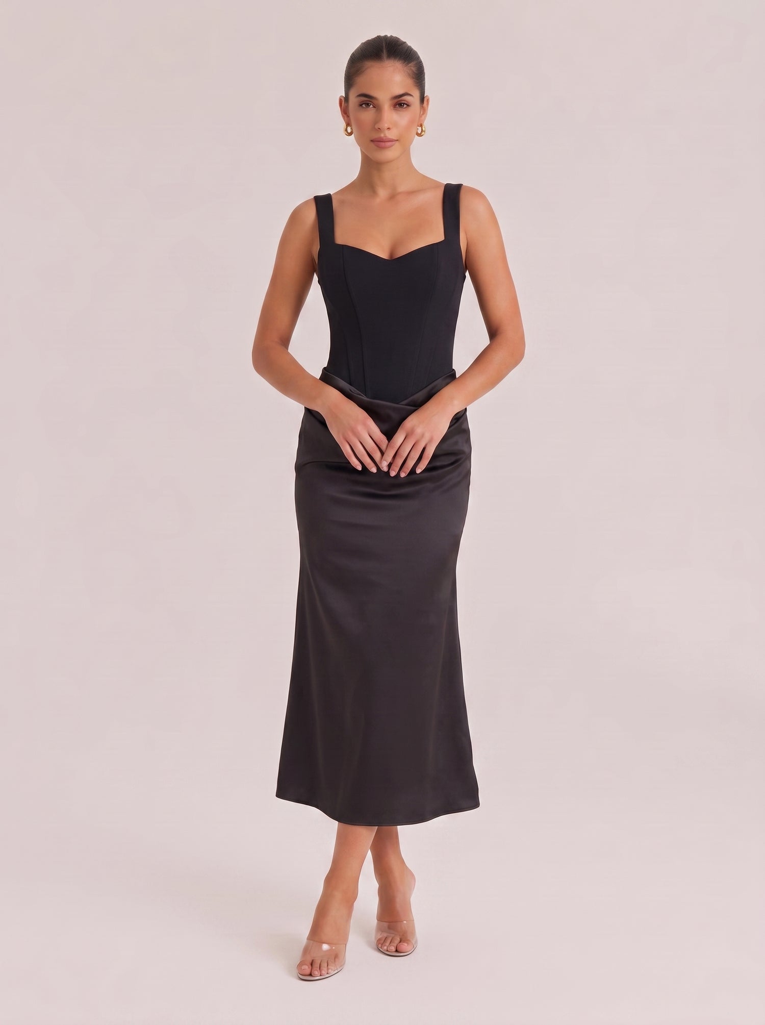 Elegant French-Style Corset Waist Slimming Satin Spliced Slip Dress