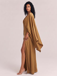 Deep V-Strap Dolman Sleeve Tight Waist Split Satin Long Dress
