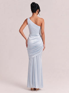 Oblique One-Shoulder Pleated Satin Fishtail Long Dress