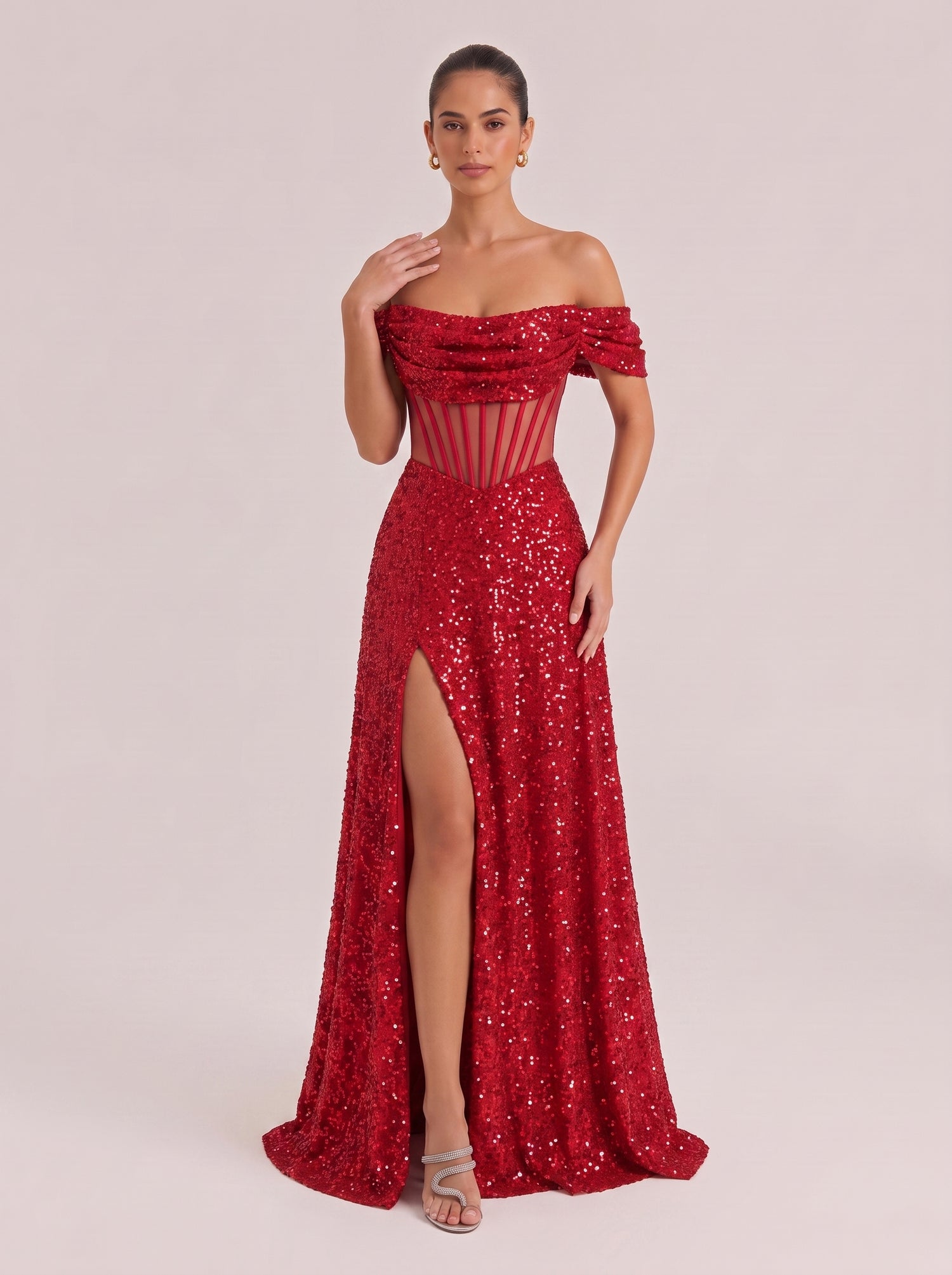 Shoulder Fishbone Waist Sequin Split Long Evening Gown