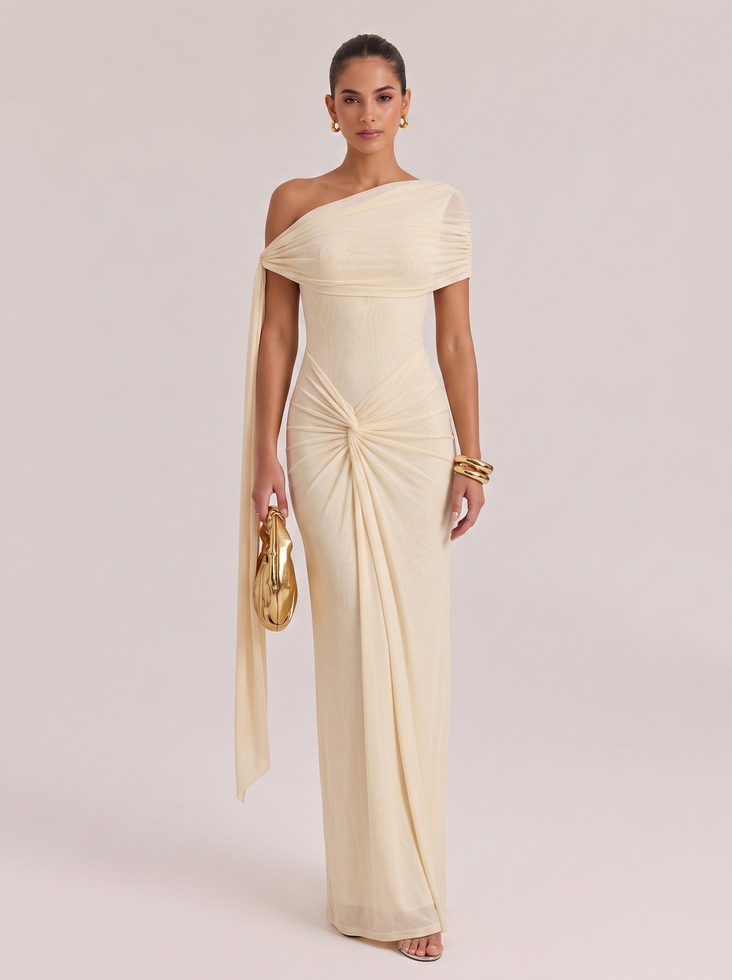 Slim-Fit Long Evening Gown With Slant Shoulder Waist And Pleated Waist