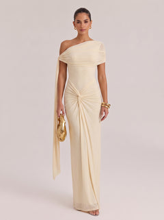 Slim-Fit Long Evening Gown With Slant Shoulder Waist And Pleated Waist