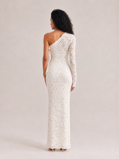 White Lace Shoulder Long Sleeve Cut-out Waist Bow Pleated Fishtail Dress