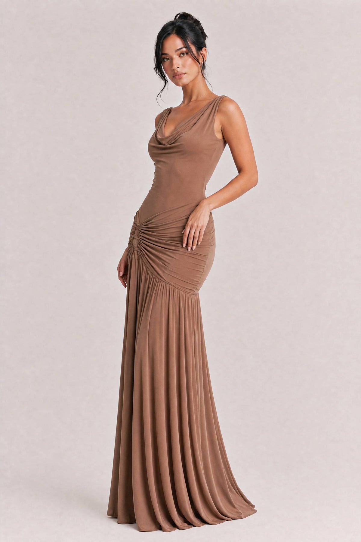 Sexy Cowl Neck Ruched Maxi Dress