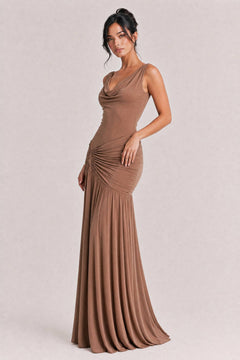 Sexy Cowl Neck Ruched Maxi Dress