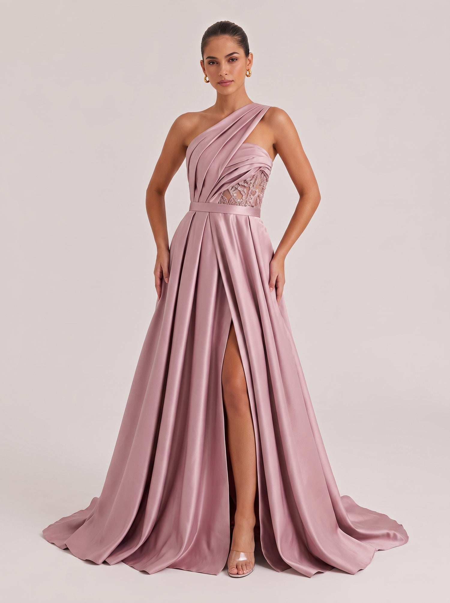 Oblique Shoulder Lace Waist Seal Satin Split Large Long Evening Gown