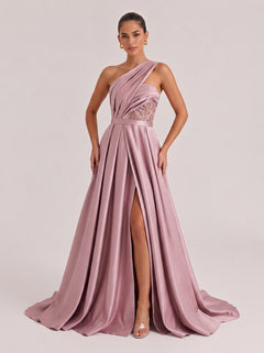 Oblique Shoulder Lace Waist Seal Satin Split Large Long Evening Gown