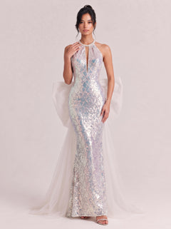 Phantom Sequins Hanging Neck Diamond Hollow-out Fishtail Dress Large Mesh Trailing Dress