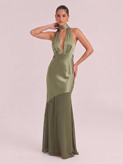 Olive Satin Halter Neck Deep V-Neck Mermaid Evening Gown - Sexy Backless Formal Dress For Party, Wedding & Gala
