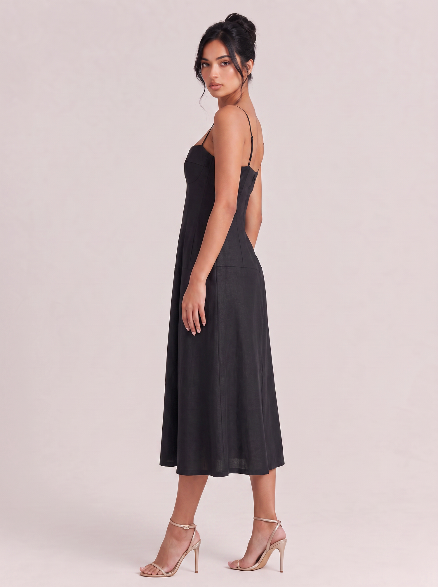Elegant Black Spaghetti Strap A-Line Midi Dress With Structured Bodice & Flowing Skirt