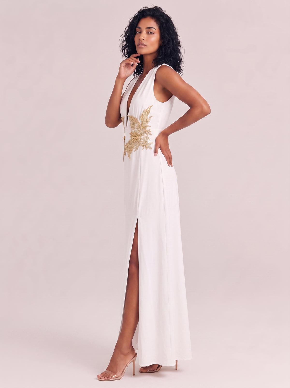 White Deep V Sleeveless Gold Embroidered Waist Hollow High Split Elegant Long Gown