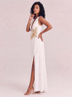 White Deep V Sleeveless Gold Embroidered Waist Hollow High Split Elegant Long Gown