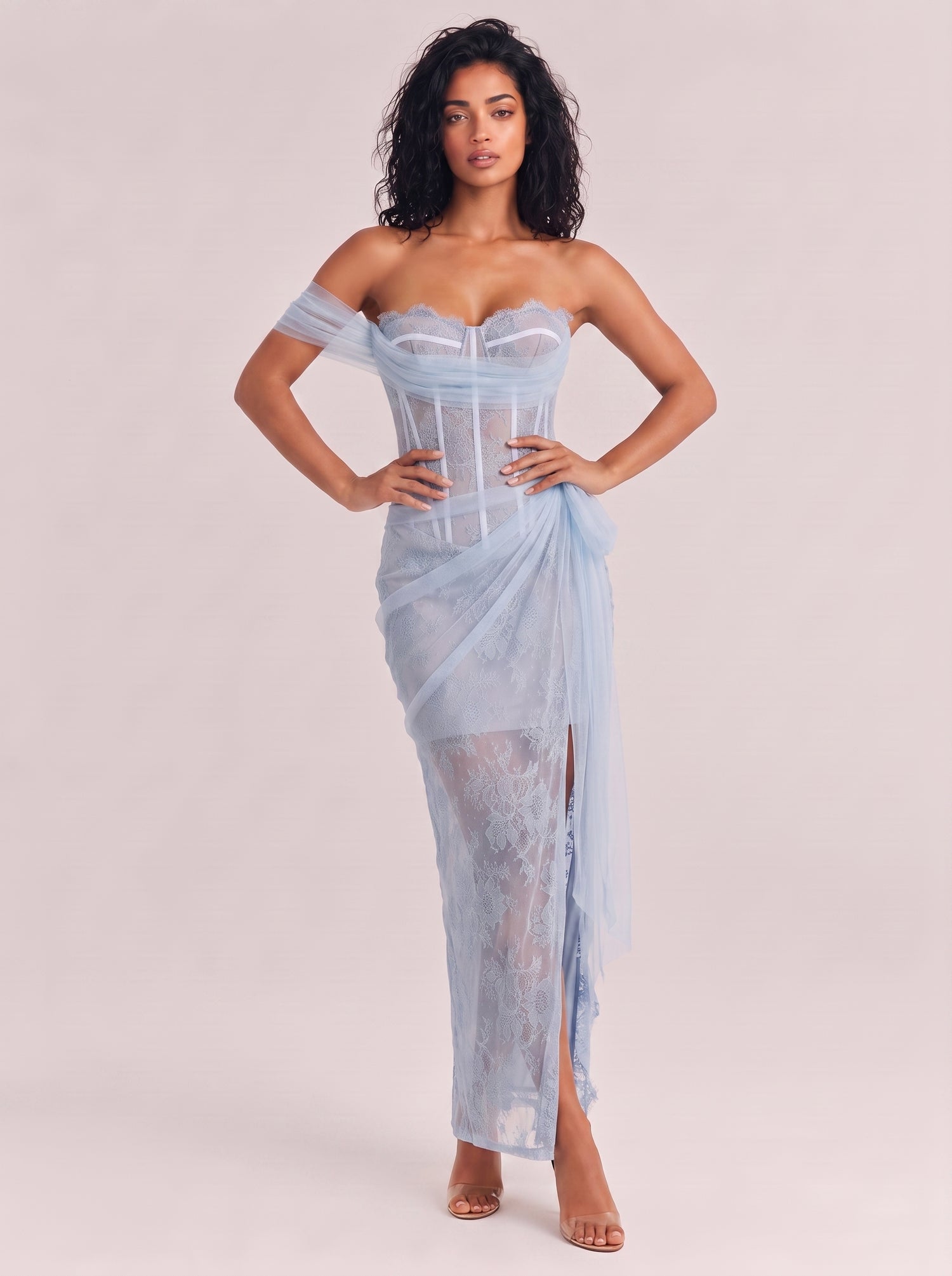 Light Blue Strapless Pleated Sparkle See-Through Split Slim-Fit Long Evening Gown