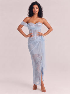 Light Blue Strapless Pleated Sparkle See-Through Split Slim-Fit Long Evening Gown