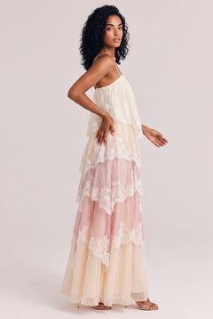 Ombre Tiered Lace Trim Spaghetti Strap Maxi Dress