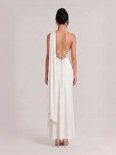 Elegant Off-shoulder Ribbon Satin Maxi Dress