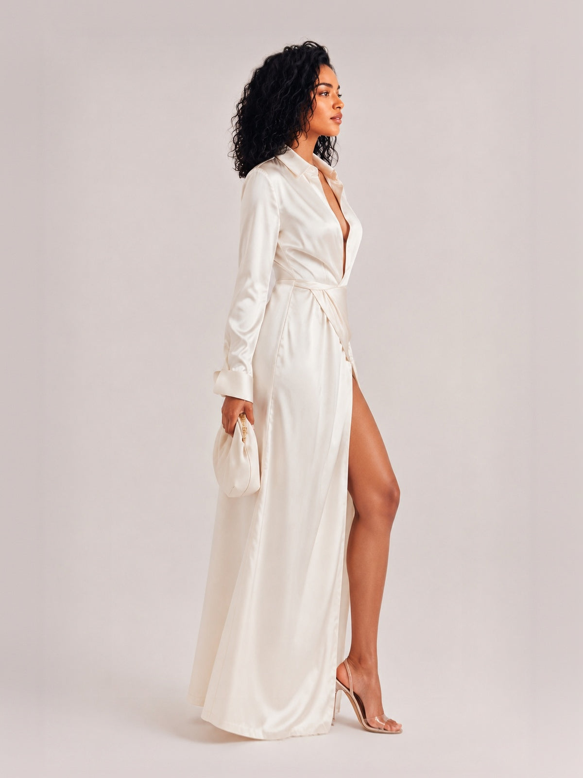 Elegant Deep V Neck Satin Long Sleeve Pleated Maxi Dress