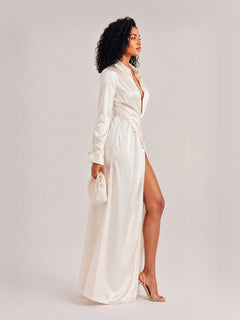 Elegant Deep V Neck Satin Long Sleeve Pleated Maxi Dress