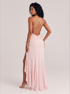 Swing Collar Diamond Chain Thin Sling Ruffled High Split Chiffon Long Dress
