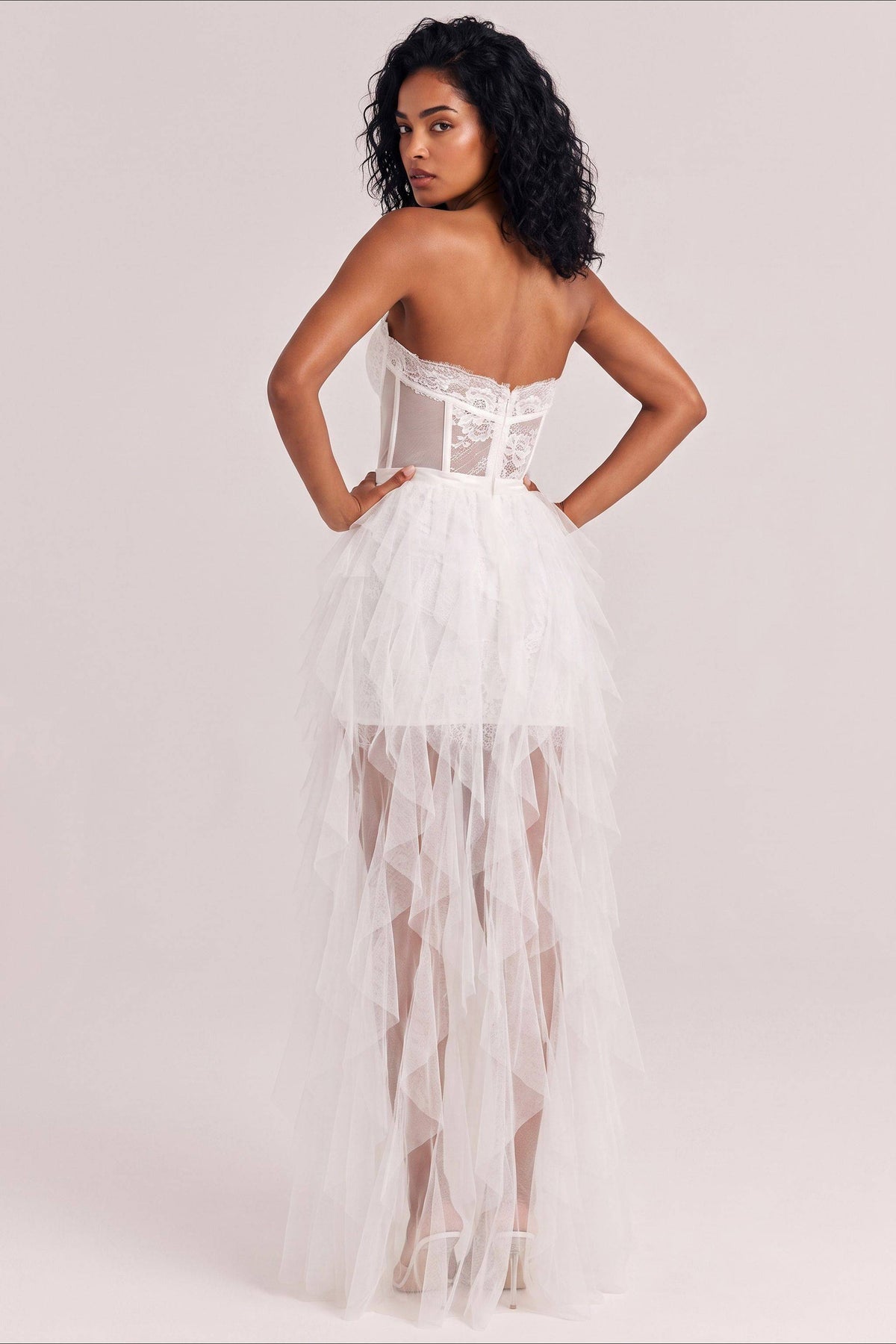 White Strapless Lace Waist Irregular Front Short Back Long Mesh Trailing Short Dress