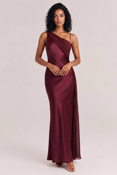 Elegant Satin Asymmetric One Shoulder Maxi Dress