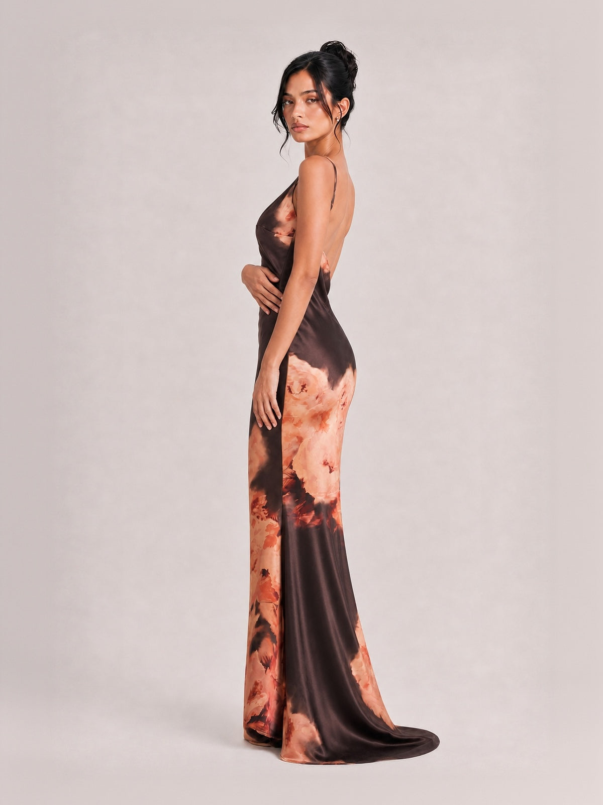 Sexy Dark Brown Rose Floral Print Maxi Dress